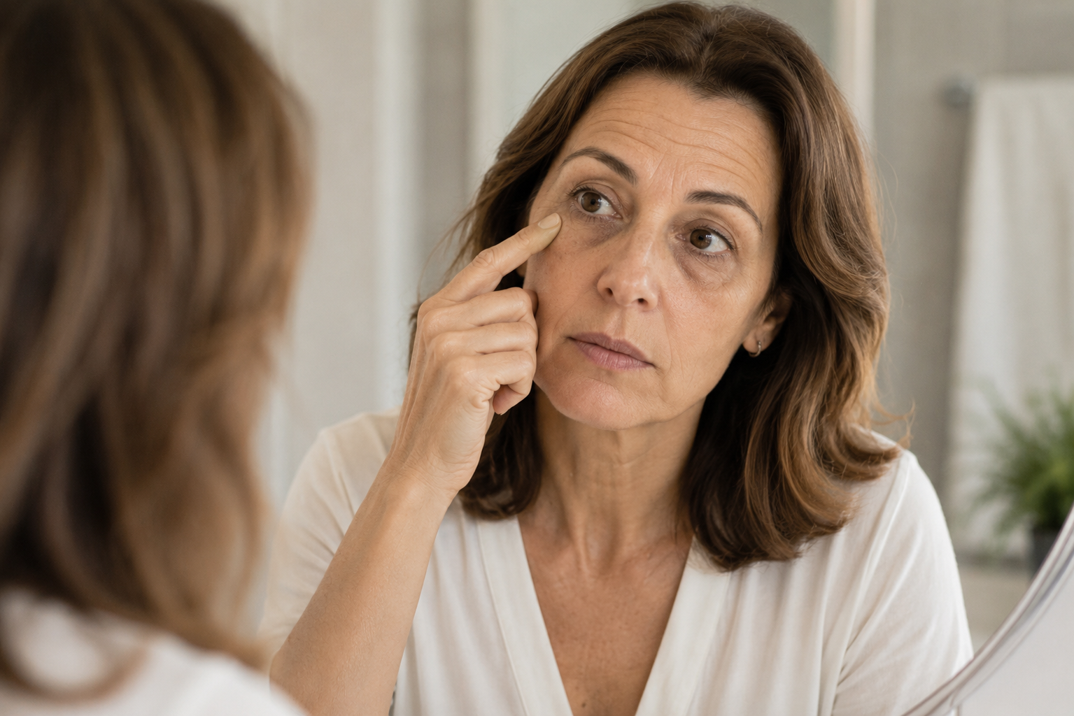 Mulher observando a região abaixo dos olhos no espelho