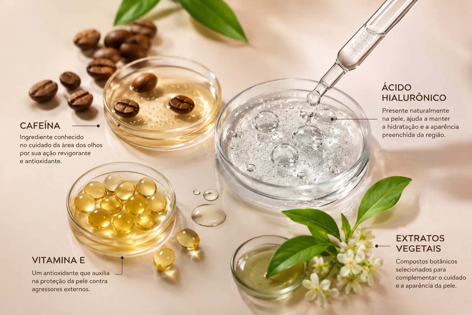 Cafeína, ácido hialurônico, vitamina E e extratos vegetais